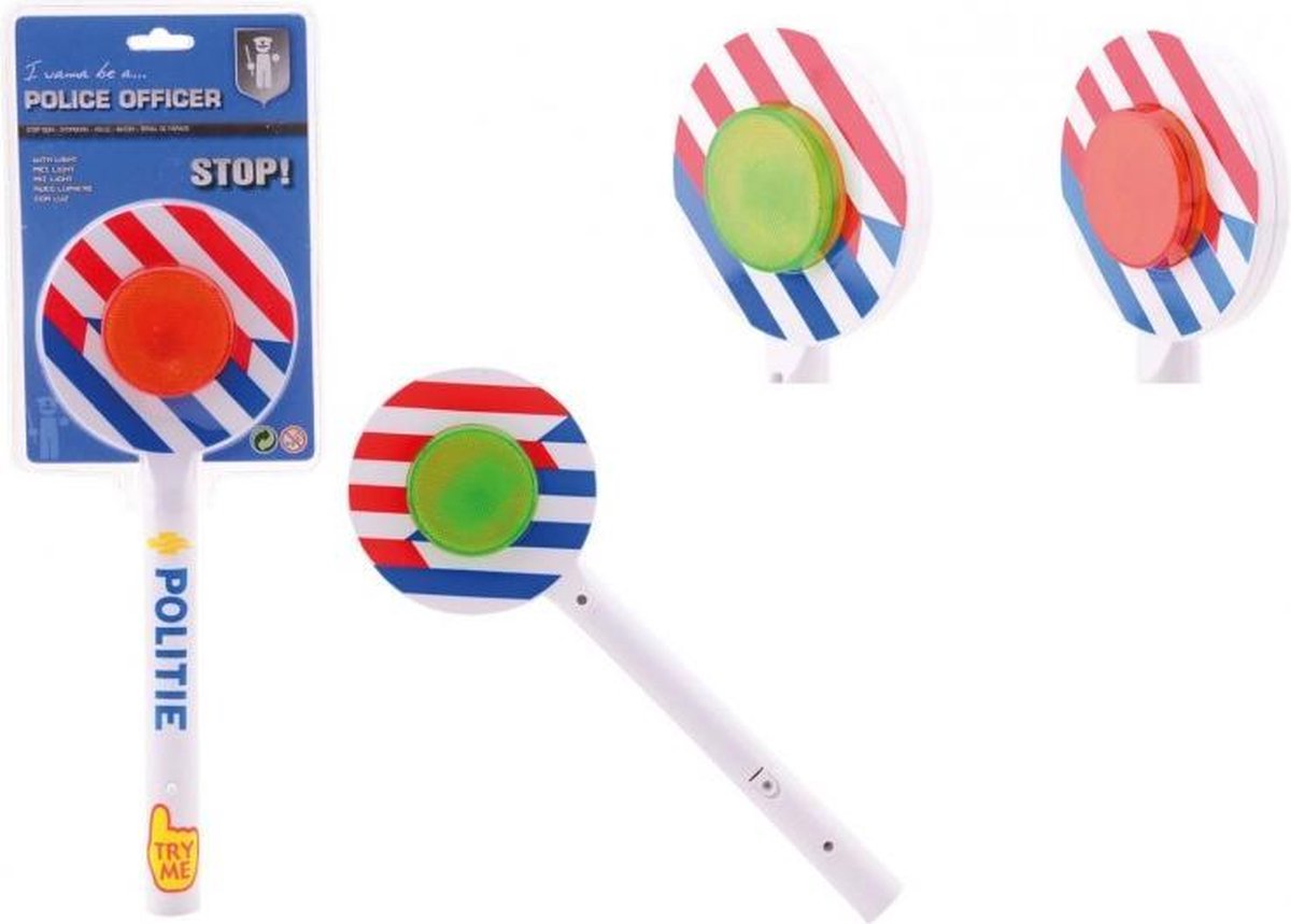 Johntoy politie stopbord met handvat en licht 32 cm - Wit