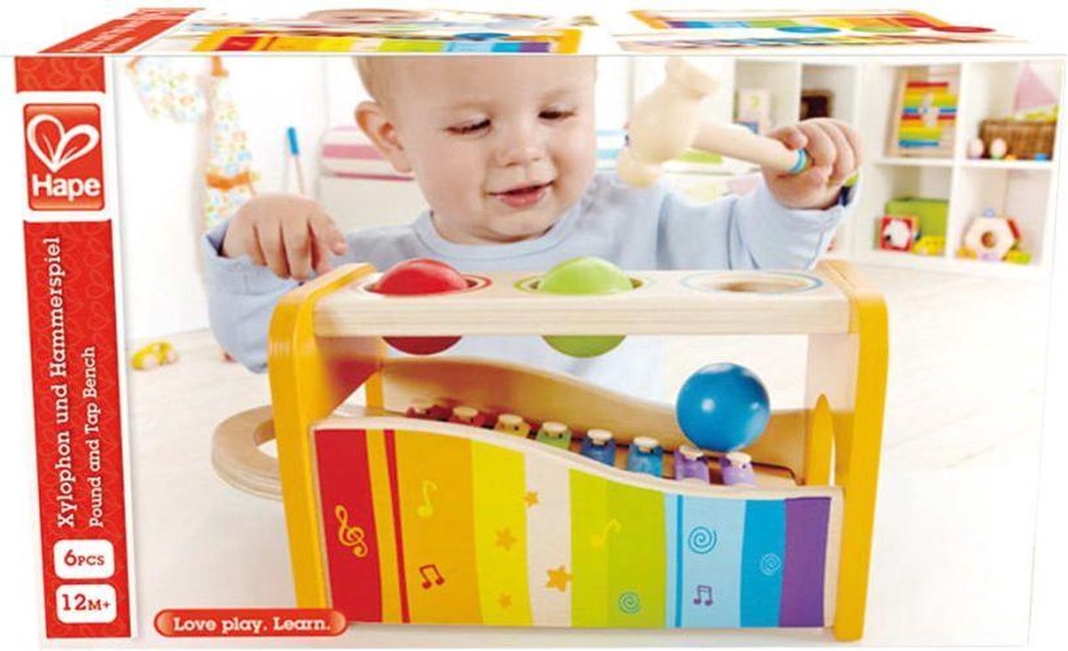 Hape houten hamerbank met xylofoon 6 delig