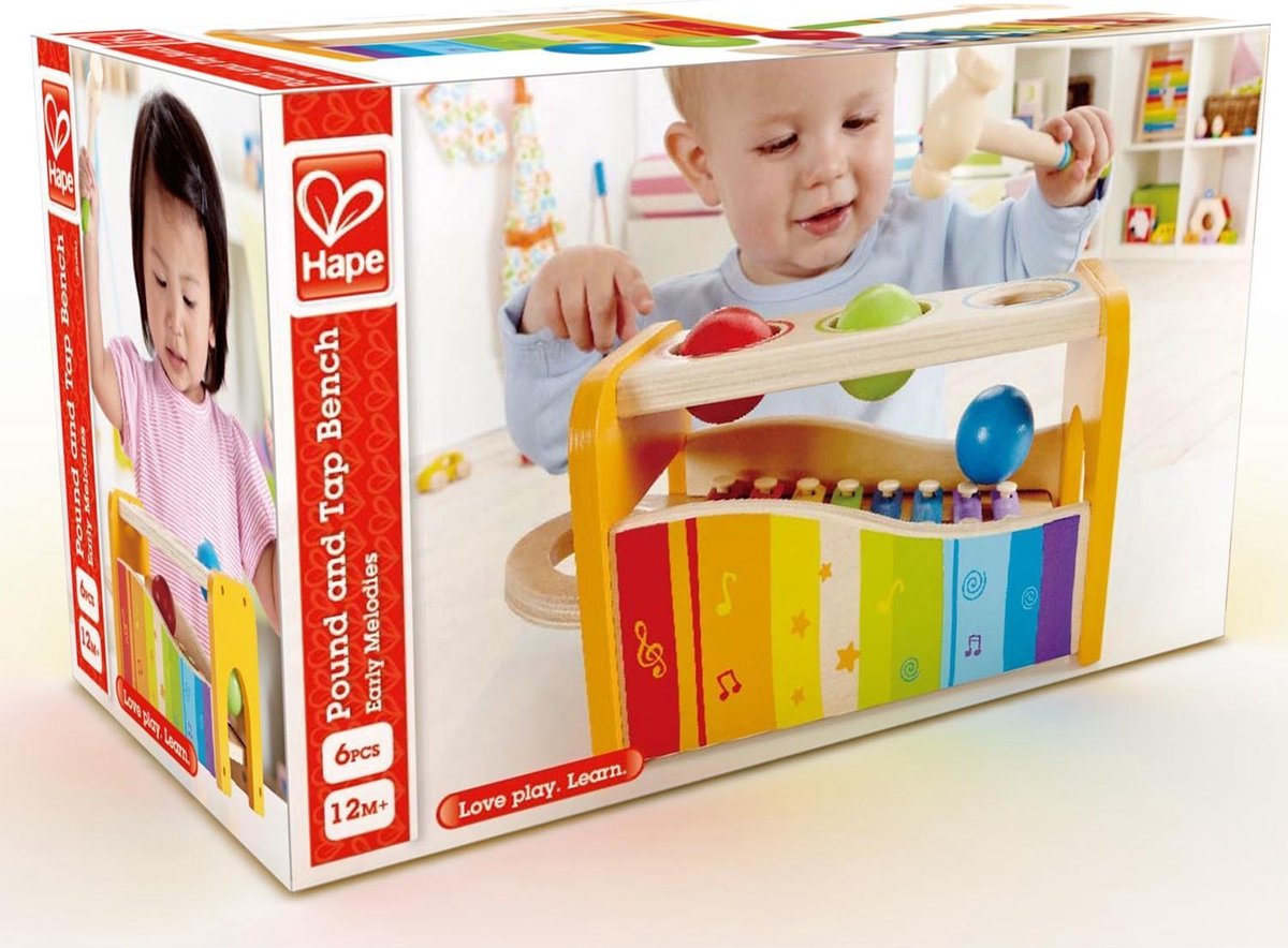 Hape houten hamerbank met xylofoon 6 delig