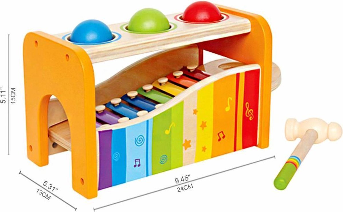 Hape houten hamerbank met xylofoon 6 delig