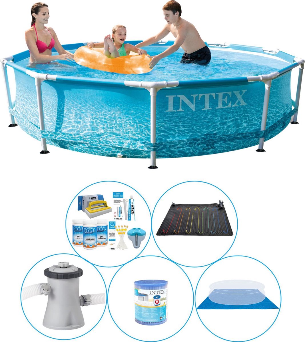 Intex Zwembad Plus Accessoires - 6-delig - Metal Frame Rond Strandzijde 305x76 Cm - Blauw
