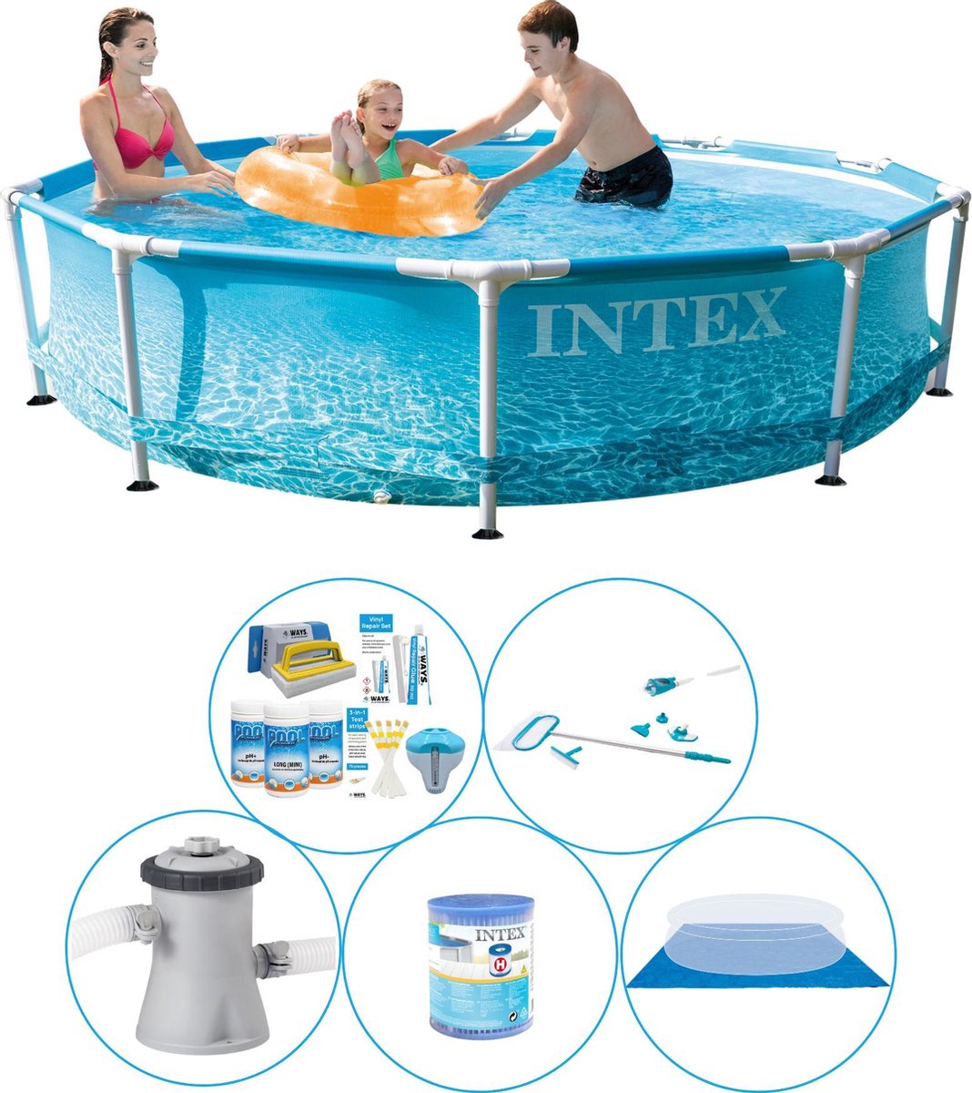 Intex Zwembad Met Accessoires - 6-delig - Metal Frame Rond Strandzijde 305x76 Cm - Blauw