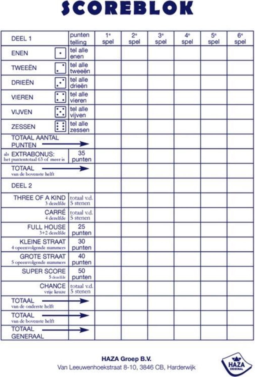 Haza 1x Scoreblokken Yahtzee 250 Vellen Met 6 Dobbelstenen - Dobbelspellen - Familiespelletjes - Yahtzee Scoreblok - Wit