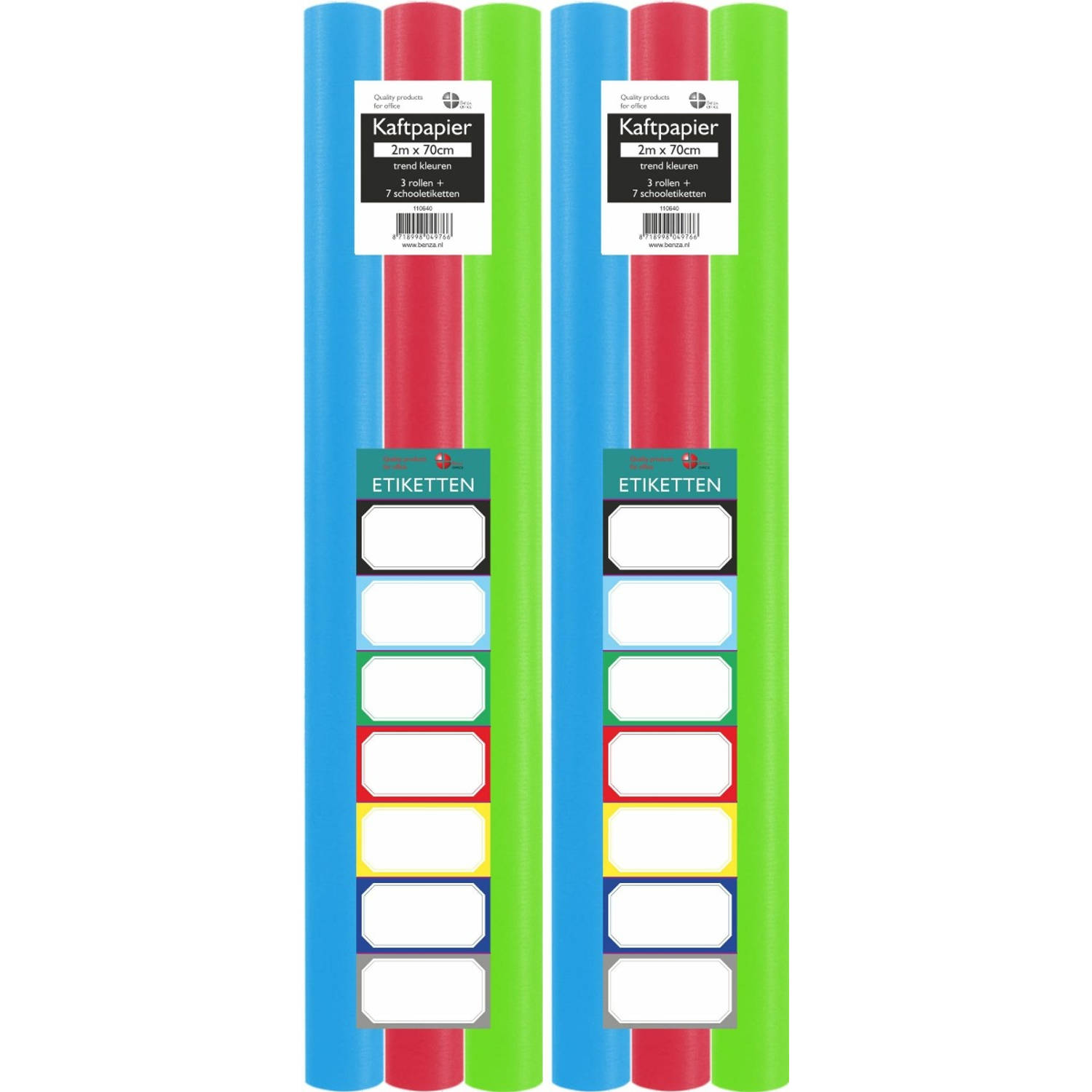 Benza Assortiment Kaftpapier Voor Schoolboeken - Lime Groen,, Rood - 200 X 70 Cm - 6 Rollen - Turquoise