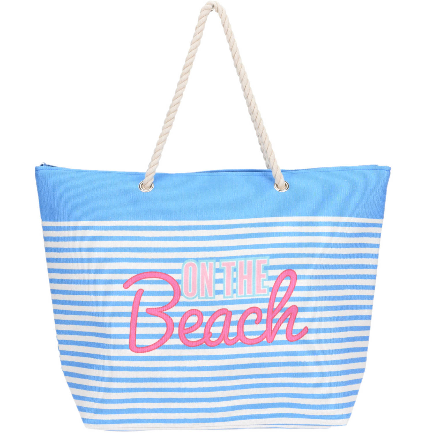 Strandtas Met Handvat/wit Gestreept Met On The Beach Print Polyester 38 X 39 Cm - Strandtassen - Blauw