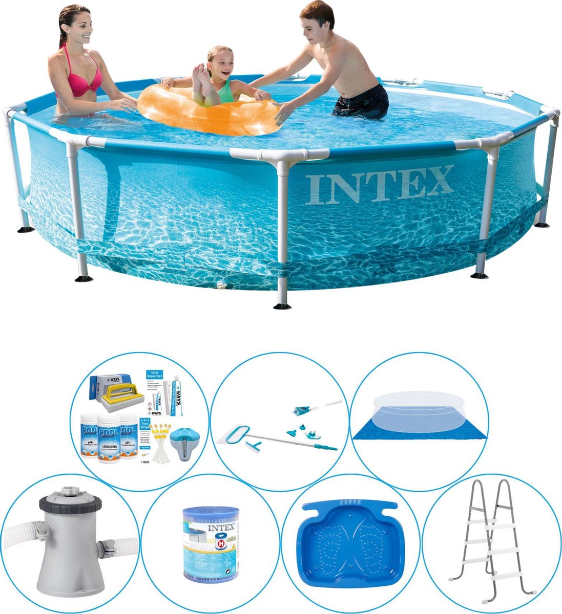 Intex Alles In 1 Zwembad Pakket - 8-delig - Metal Frame Rond Strandzijde 305x76 Cm - Blauw