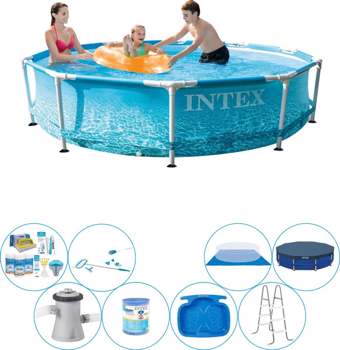 Intex Alles In 1 Zwembad Pakket - Metal Frame Rond Strandzijde 305x76 Cm - Blauw