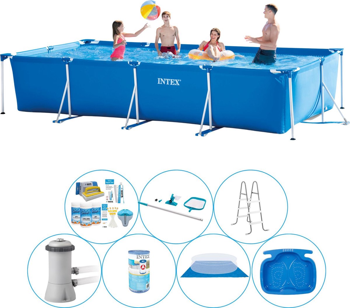 Intex Alles In 1 Zwembad Pakket - 8-delig - Frame Pool Rechthoekig 450x220x84 Cm - Blauw