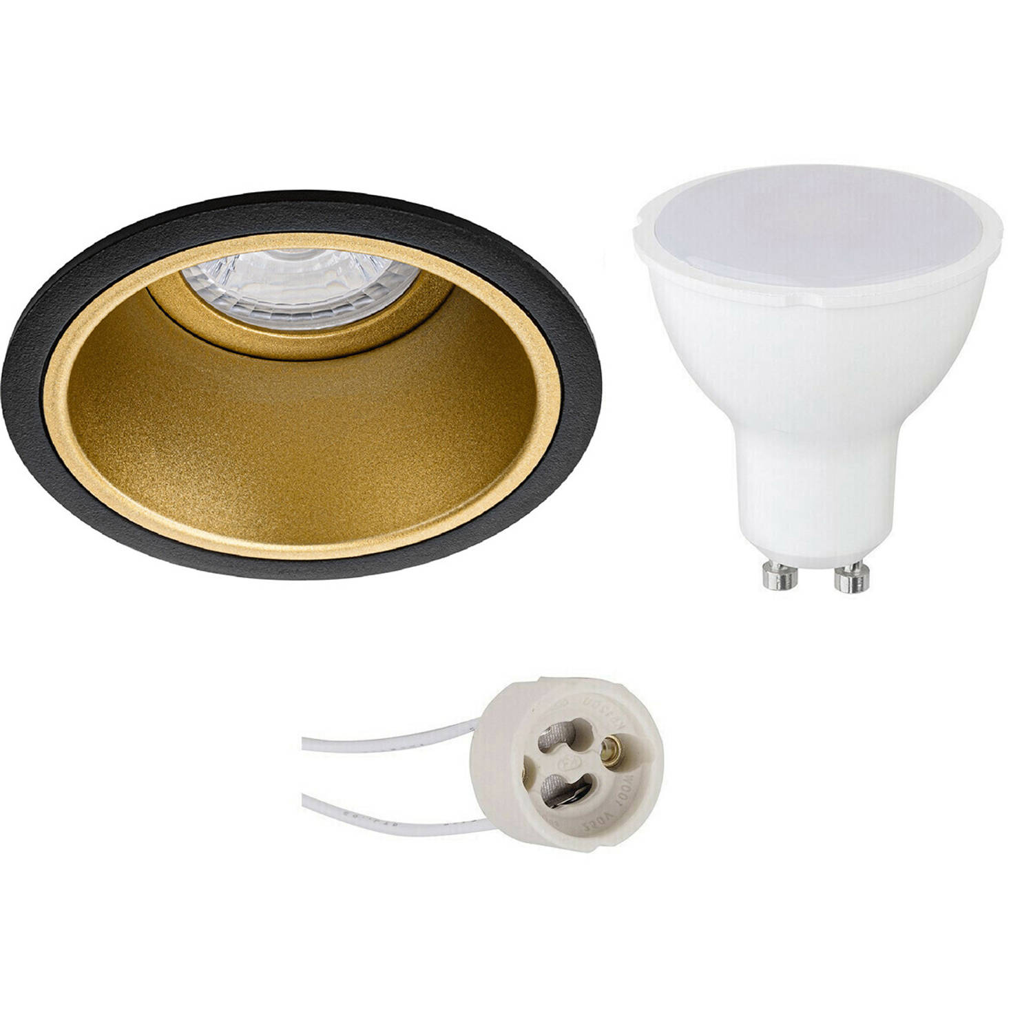 BES LED Led Spot Set - Pragmi Minko Pro - Gu10 Fitting - Inbouw Rond - Mat/goud - 4w - Warm Wit 3000k - Verdiept - Ø90mm - Zwart