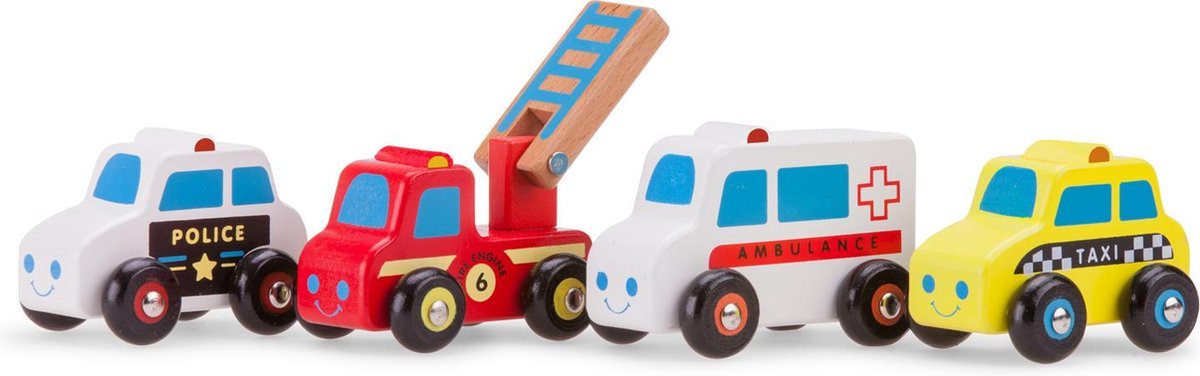 New Classic Toys voertuigen set junior hout/wit/geel 4 delig - Rood