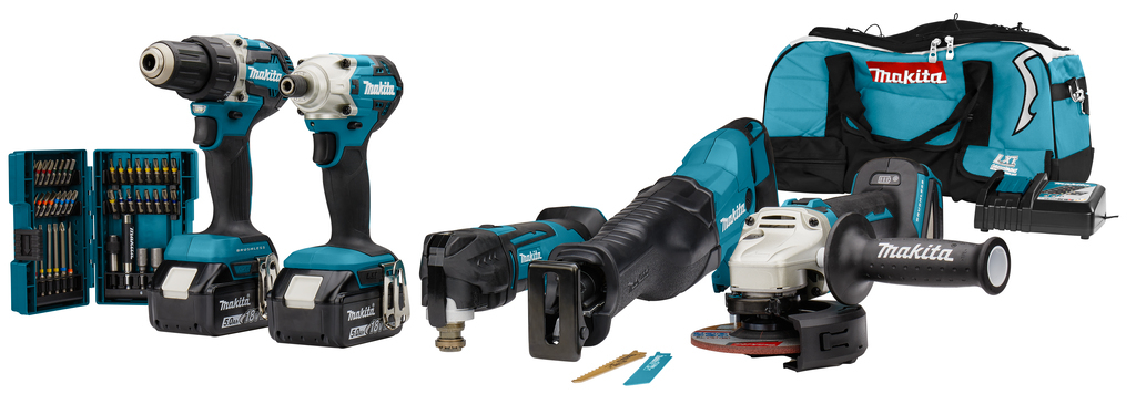 Makita DLX5068TX1 | 18 V Combiset | DDF484 | DTD156 | DGA504 | DJR186 | DTM51 | 5,0 Ah accu&apos;s (2 st.) | Bitset | Snellader | Tas