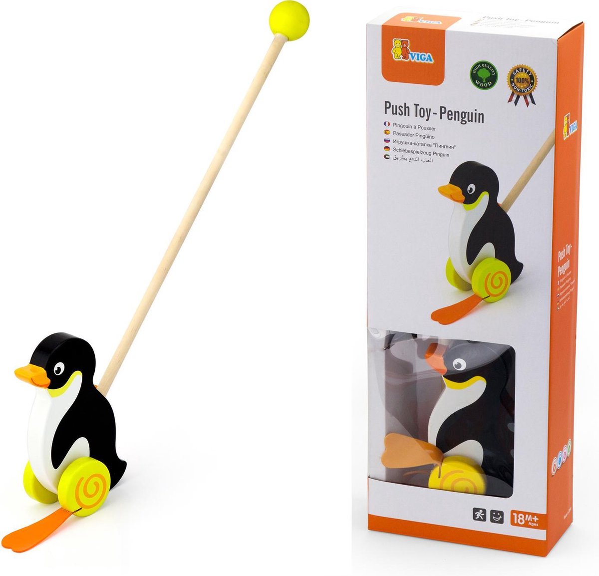 Viga Toys houten stokroller pinguïn 56 cm zwart/geel