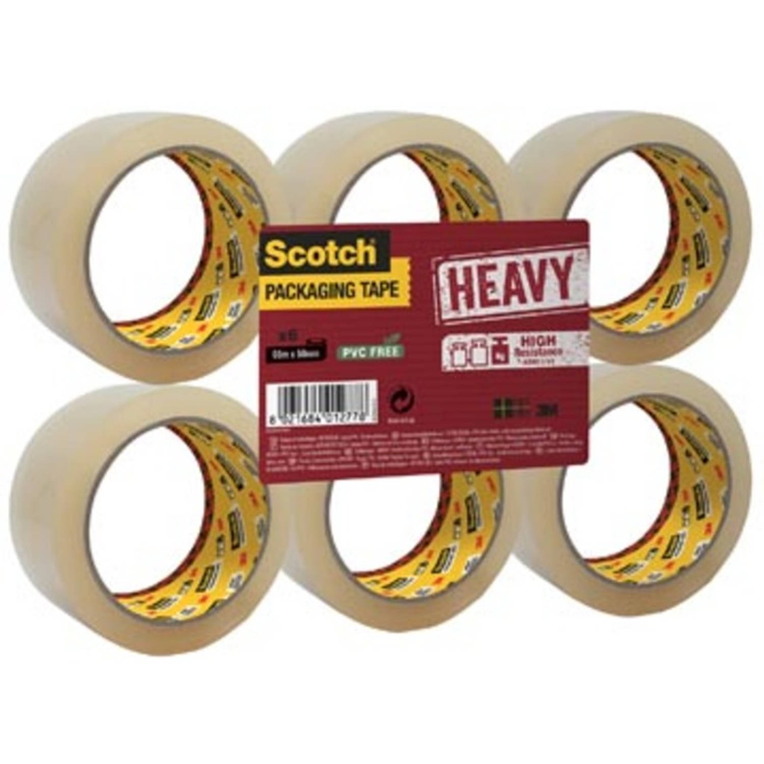 Scotch Verpakkingsplakband Heavy, Ft 50 Mm X 66 M, Transparant, Pak Van 6 Stuks