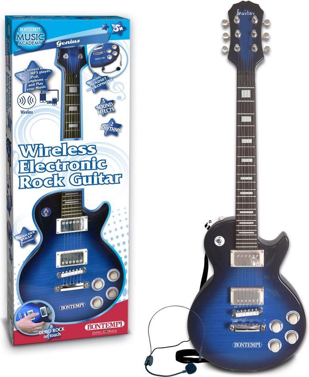 Bontempi draadloze elektrische gitaar junior/zwart 3 delig - Blauw
