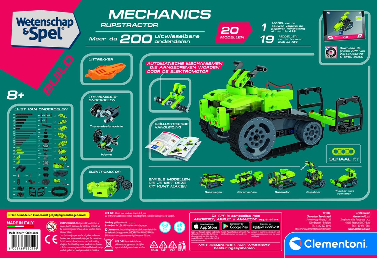 Clementoni bouwpakket rupstractor Mechanics groen 200 delig