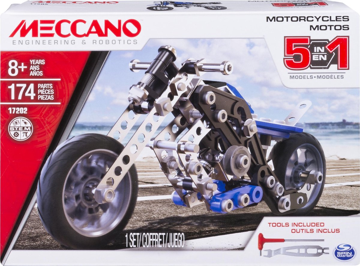Meccano bouwset 5 in 1 Motor junior staal blauw 176 delig