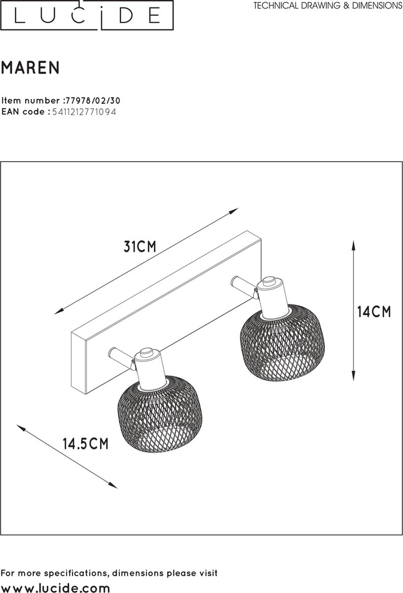 Lucide Maren Plafondspot 2x E14 - Zwart