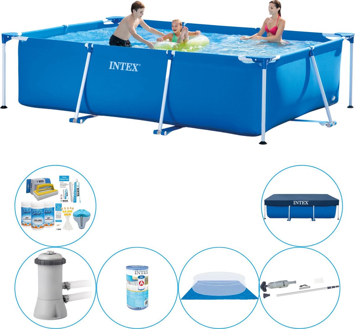 Intex Frame Pool Rechthoekig 300x200x75 Cm - Zwembad Inclusief Accessoires - Blauw