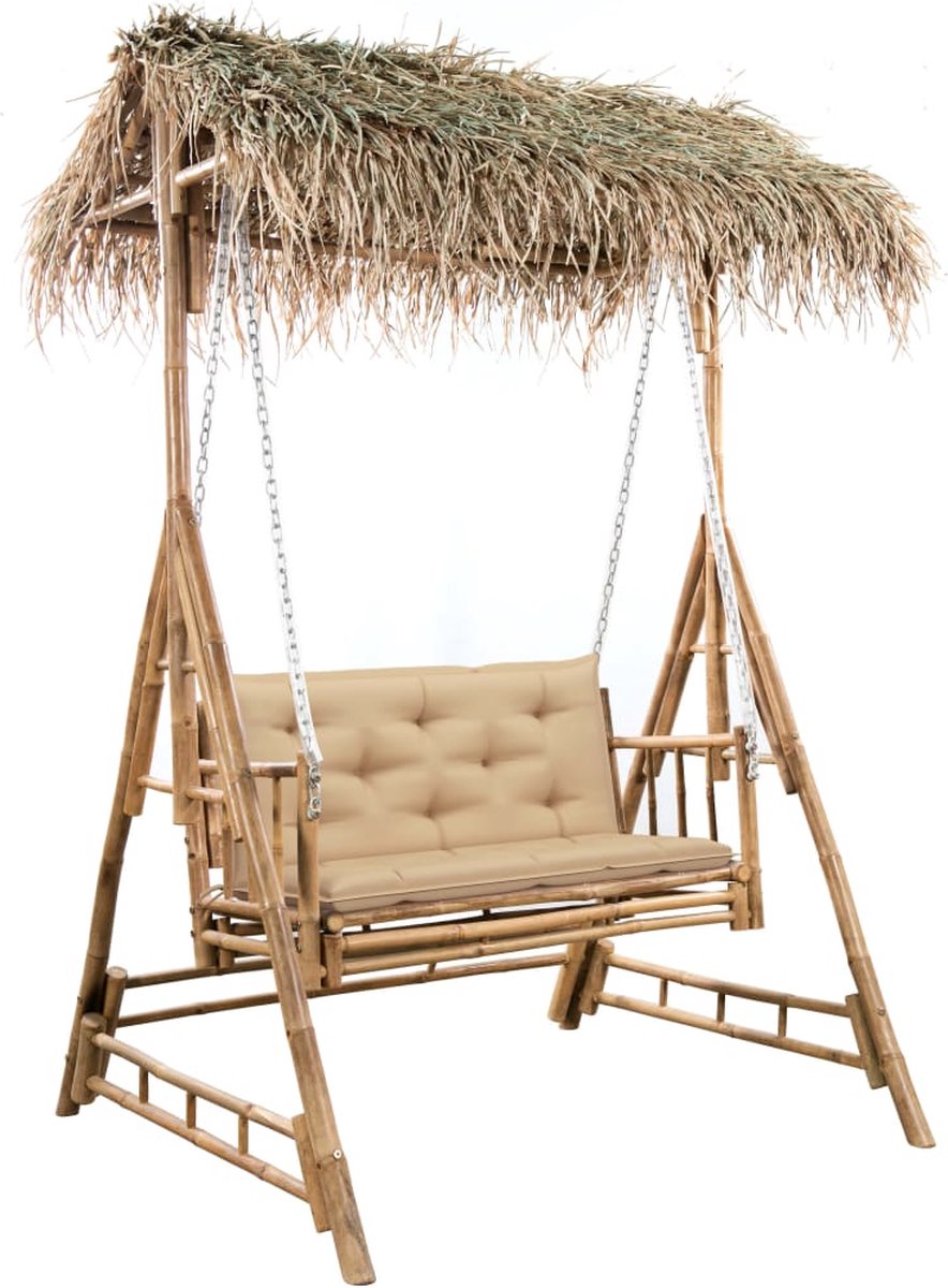 Vidaxl Schommelbank 2-zits Met Palmbladeren En Kussen 202 Cm Bamboe - Beige