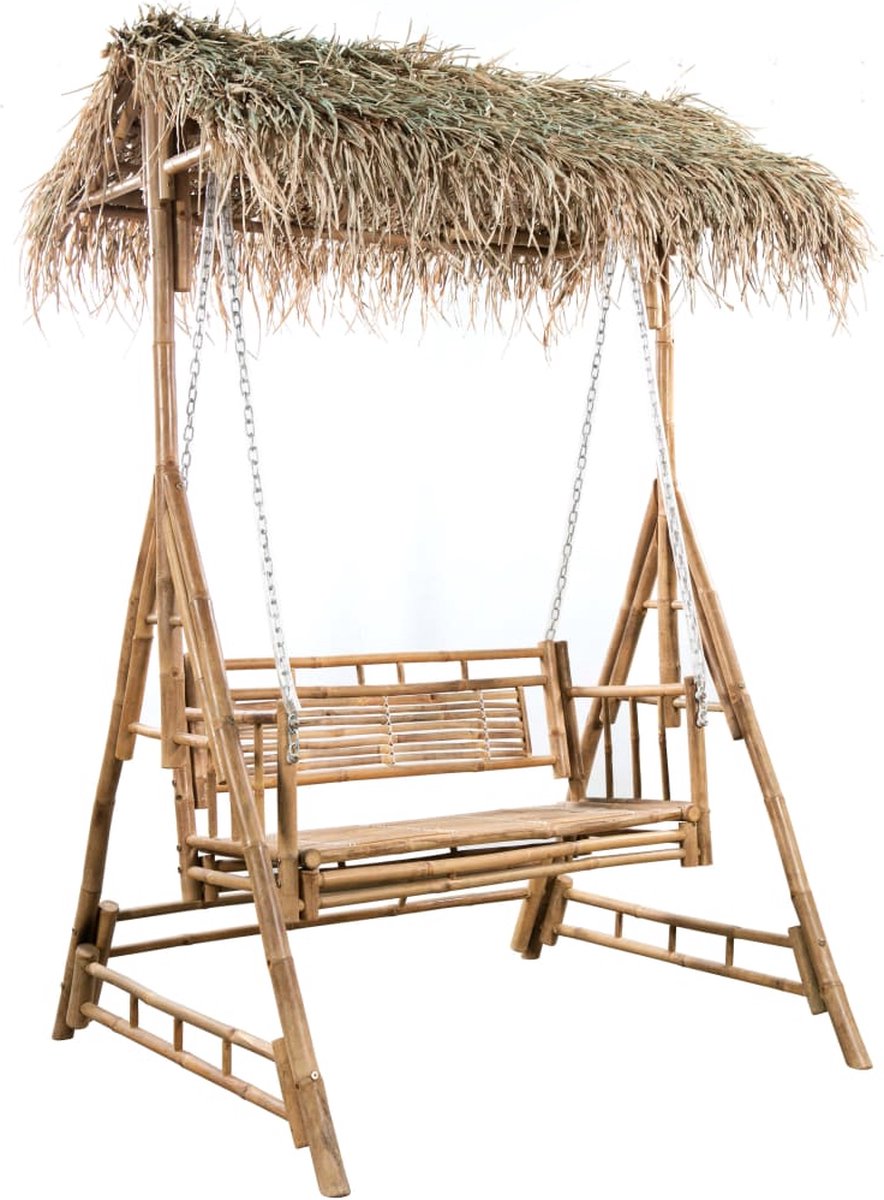 Vidaxl Schommelbank 2-zits Met Palmbladeren En Kussen 202 Cm Bamboe - Bruin