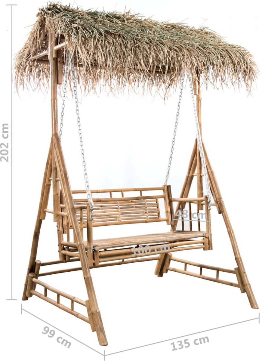 Vidaxl Schommelbank 2-zits Met Palmbladeren En Kussen 202 Cm Bamboe - Bruin