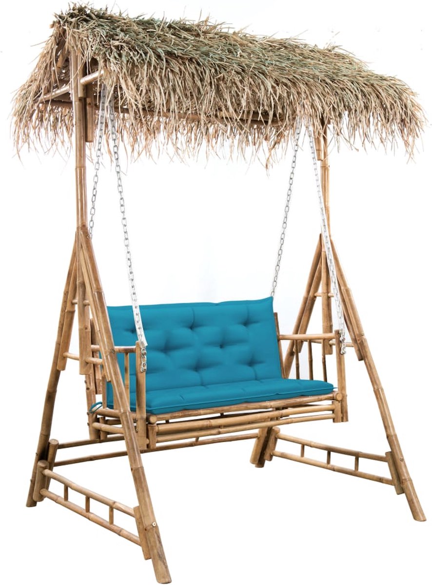 Vidaxl Schommelbank 2-zits Met Palmbladeren En Kussen 202 Cm Bamboe - Blauw