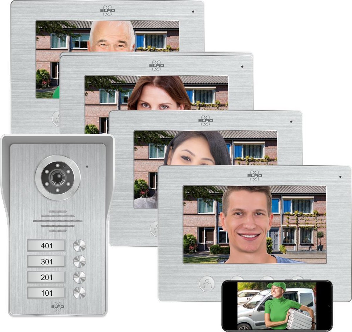 ELRO Dv477ip4 Wifi Ip Video Deur Intercom - Met 4x 7 Inch Kleurenscherm - Bekijken En Communiceren Via App - Grijs