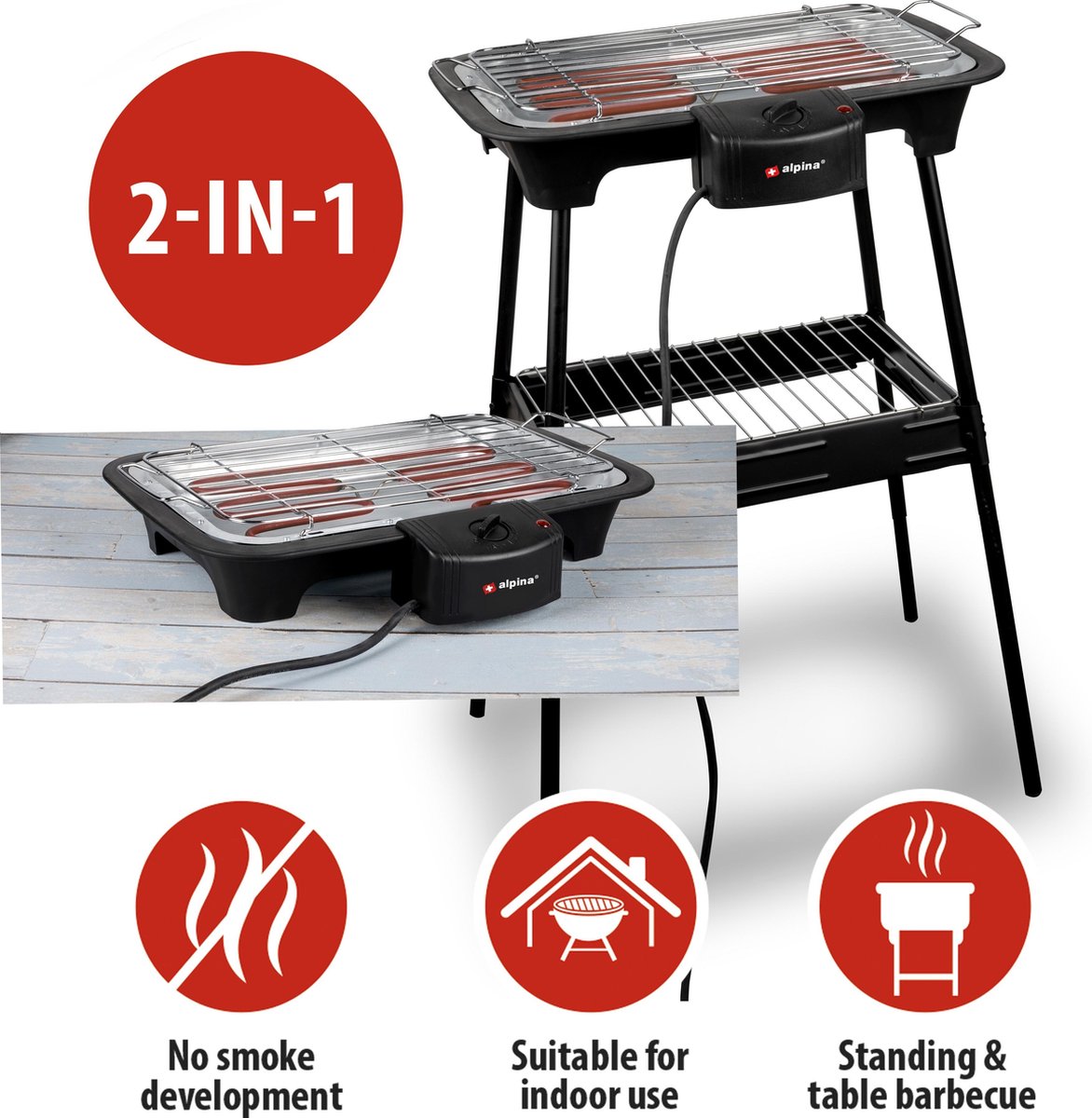 Alpina Bbq - Elektrisch - 2-in-1 - Binnen En Buiten - 2000w - Zwart