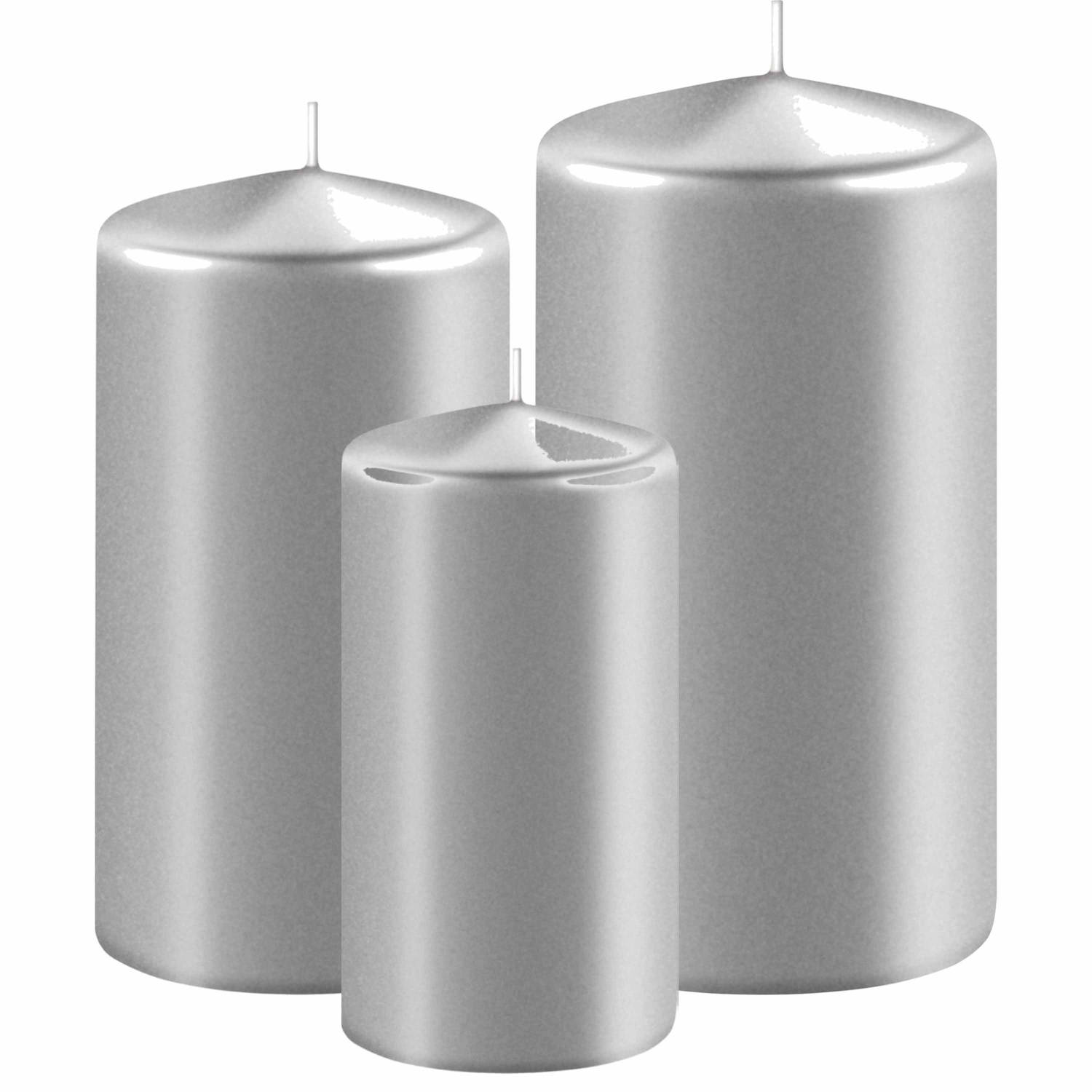Enlightening Candles Set Van 3x Stuks Metallic Zilveren Stompkaarsen 10-12-15 Cm Met Diameter 6 Cm - Sfeer Kaarsen Voor Binnen - Silver