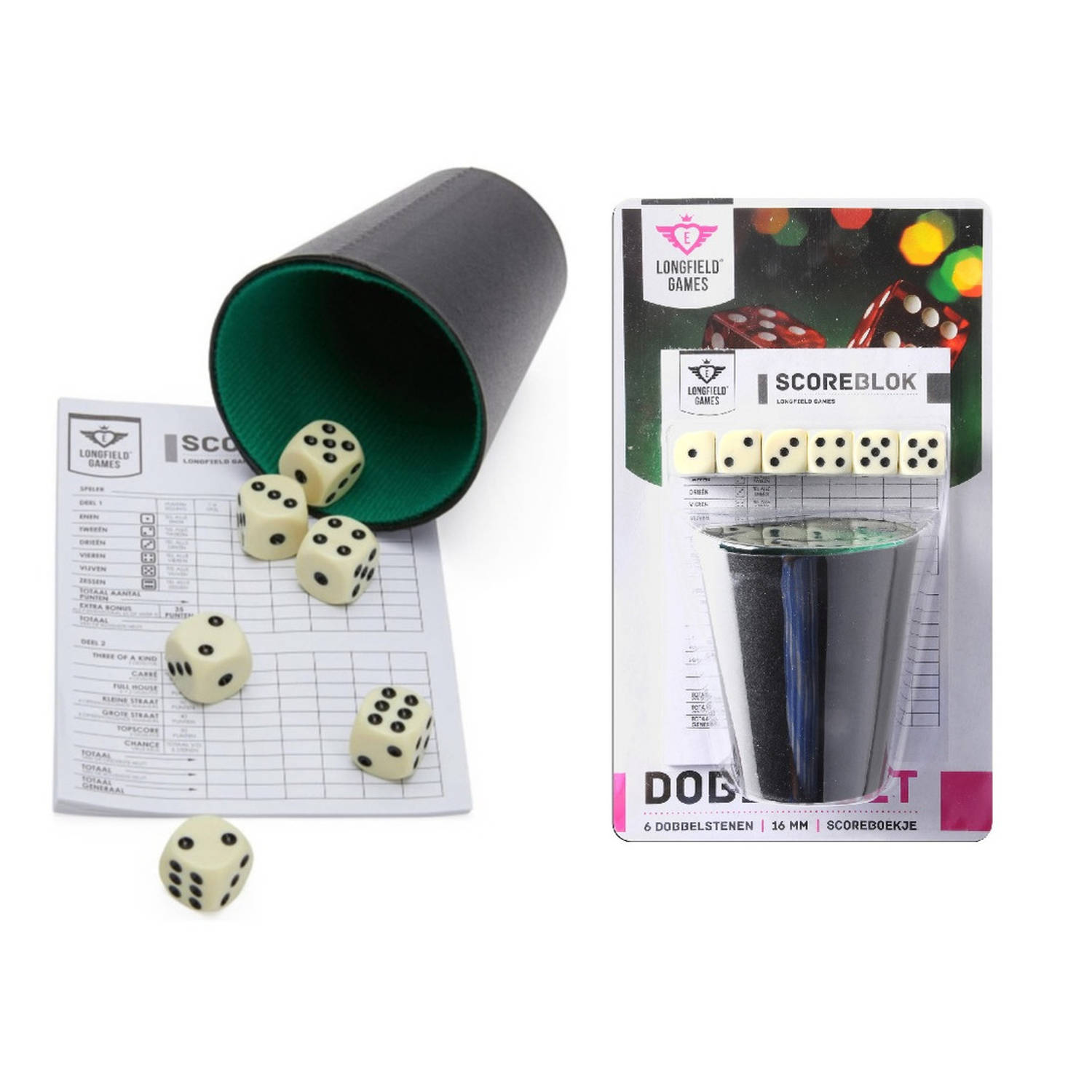 Longfield Games 2x Stuks Dobbelset - Beker Inclusief 6 Dobbelstenen En Yahtzee Scoreblok - Dobbelspel