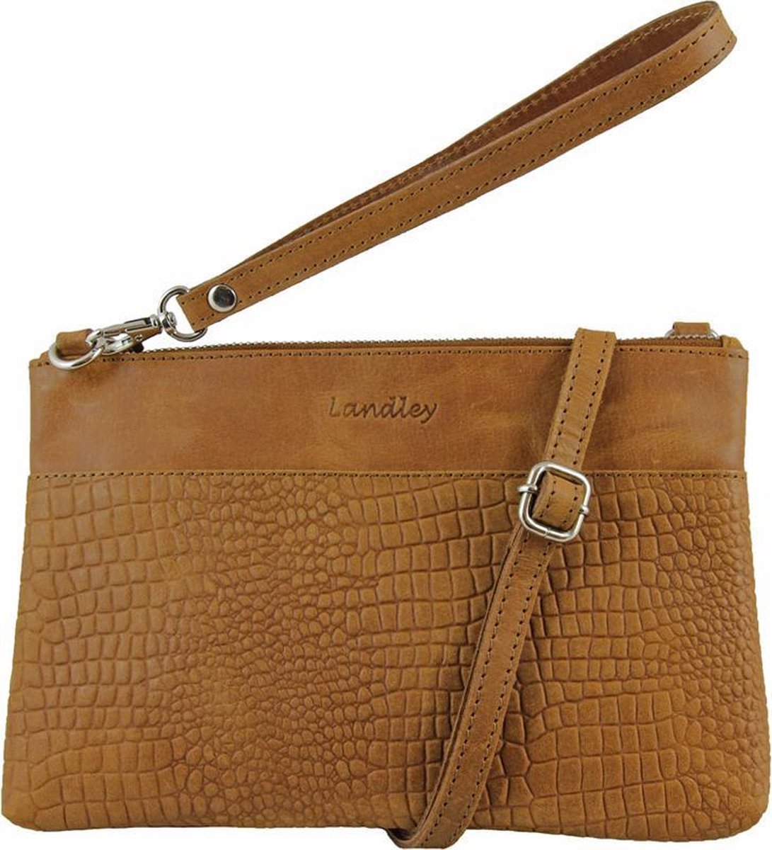 Landley Dames Schoudertas - Leren Crossbodytasje - Vintage Pull-up Leer - Krokoprint - - Bruin