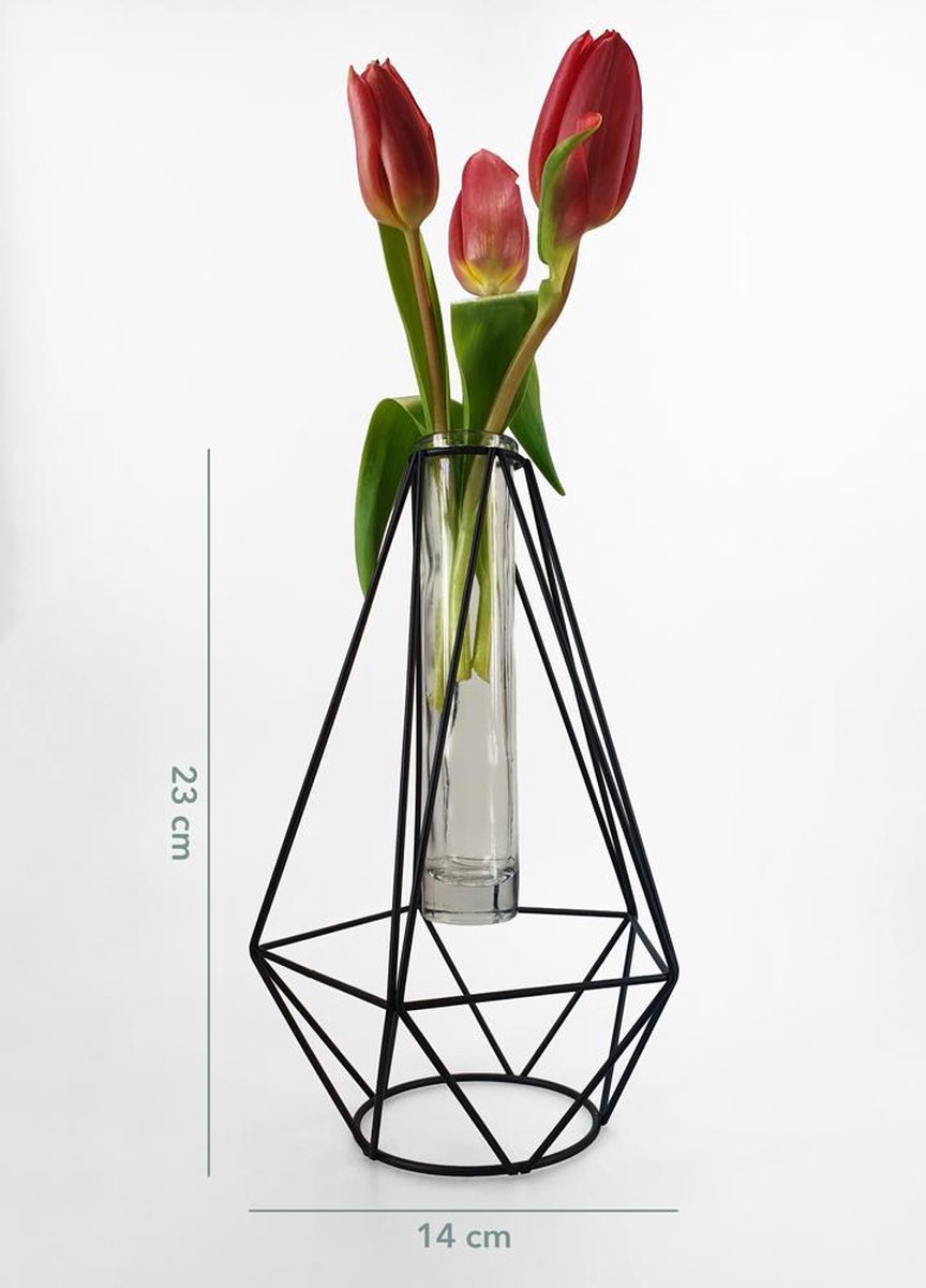 Mica Decorations Metalen Diamant Draad Vaasje Met Glas 15 X 14 X 24 Cm - Kleine Vaasjes Voor Bloemen - Zwart