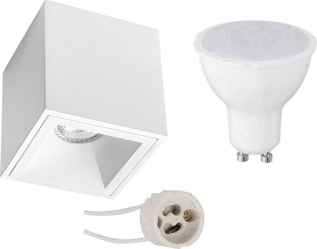 BES LED Opbouwspot Set - Pragmi Cliron Pro - Gu10 Fitting - Opbouw Vierkant - Mat - 4w - Helder/koud 6400k - Verdiept - - Wit