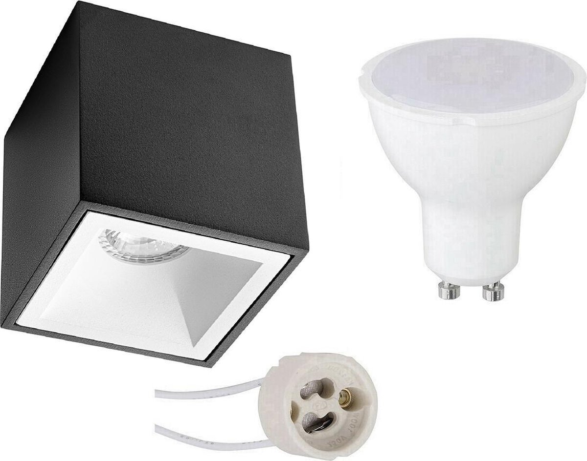 BES LED Opbouwspot Set - Pragmi Cliron Pro - Gu10 Fitting - Opbouw Vierkant - Mat/wit - 6w - Helder/koud Wit 6400k - - Zwart