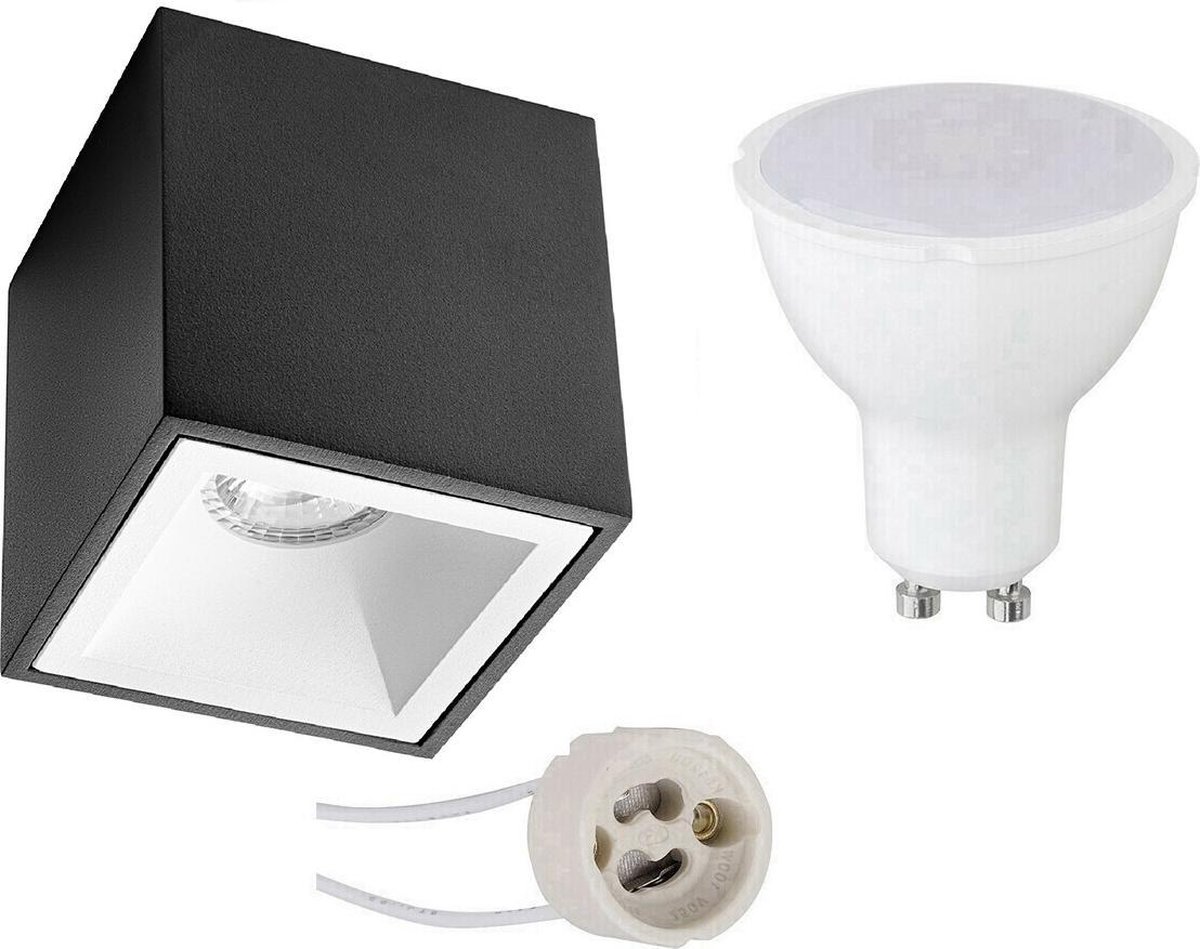 BES LED Opbouwspot Set - Pragmi Cliron Pro - Gu10 Fitting - Dimbaar - Opbouw Vierkant - Mat/wit - 6w - Helder/koud Wit - Zwart