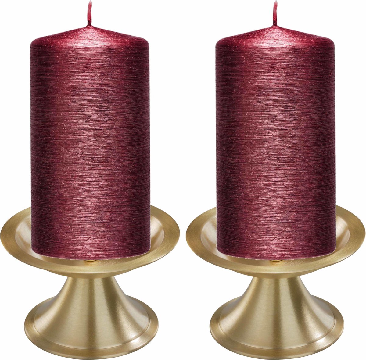 Trend Candles Set Van 2x Donkerrode Cilinderkaarsen/stompkaarsen 7 X 13 Cm Met 2x Gouden Metalen Kaarsenhouders - Rood