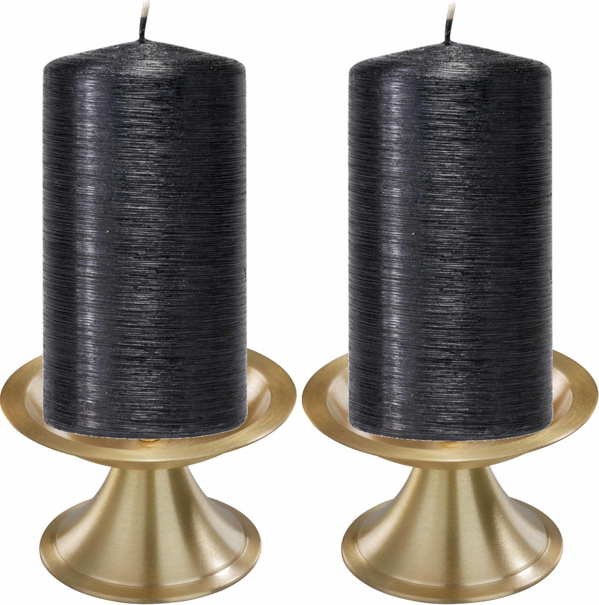 Trend Candles Set Van 2xe Cilinderkaarsen/stompkaarsen 7 X 13 Cm Met 2x Gouden Metalen Kaarsenhouders - Zwart
