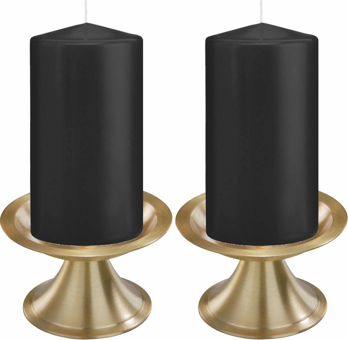 Trend Candles Set Van 2xe Cilinderkaarsen/stompkaarsen 8 X 15 Cm Met 2x Gouden Metalen Kaarsenhouders - Zwart