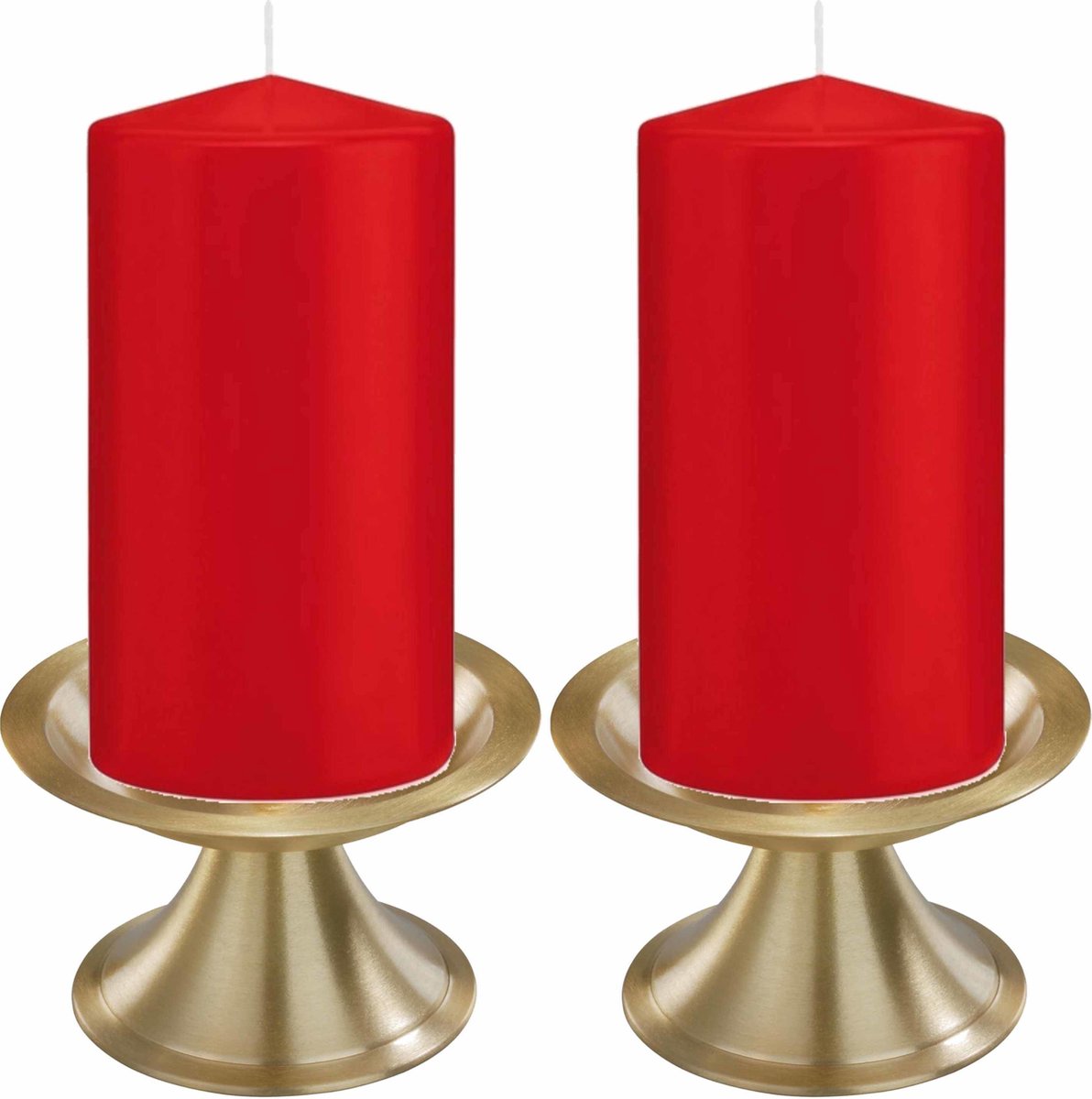 Trend Candles Set Van 2x Rode Cilinderkaarsen/stompkaarsen 8 X 15 Cm Met 2x Gouden Metalen Kaarsenhouders - Rood