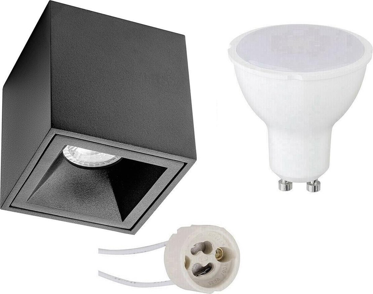 BES LED Opbouwspot Set - Pragmi Cliron Pro - Gu10 Fitting - Opbouw Vierkant - Mat - 4w - Helder/koud Wit 6400k - Verdiept - Zwart