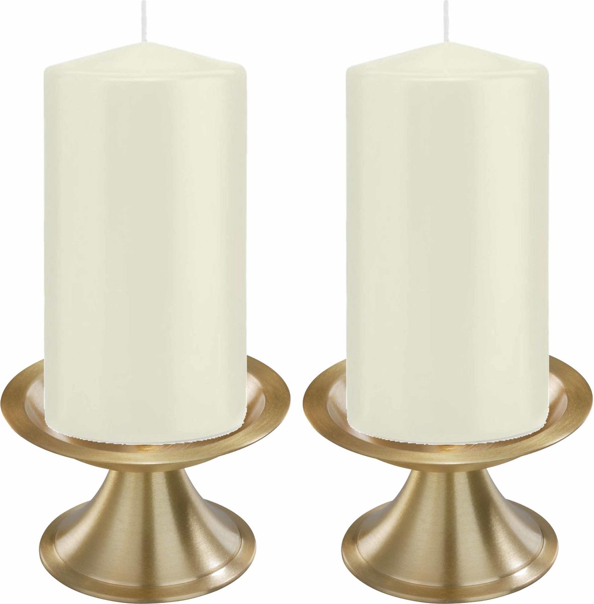 Trend Candles Set Van 2x Ivoorte Cilinderkaarsen/stompkaarsen 8 X 15 Cm Met 2x Gouden Metalen Kaarsenhouders - Wit