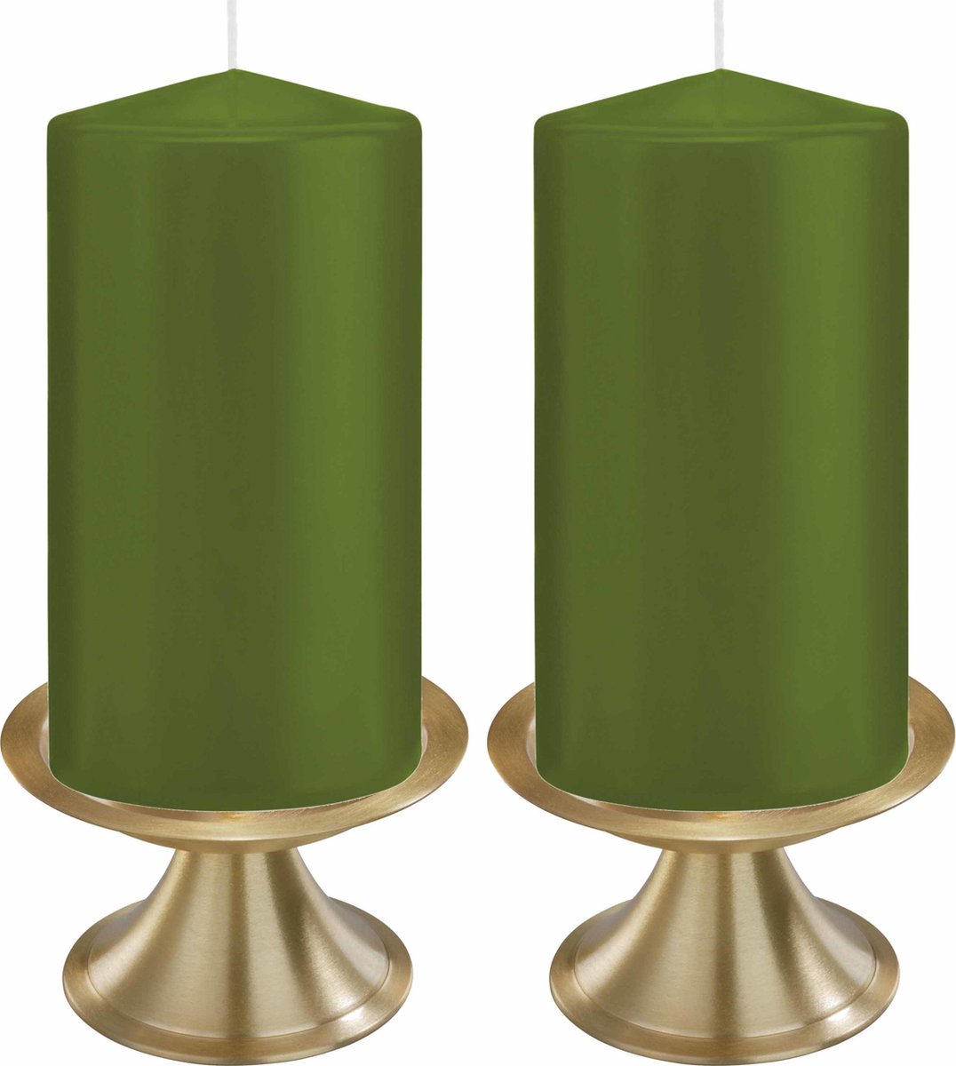 Trend Candles Set Van 2x Olijfe Cilinderkaarsen/stompkaarsen 8 X 15 Cm Met 2x Gouden Metalen Kaarsenhouders - Groen