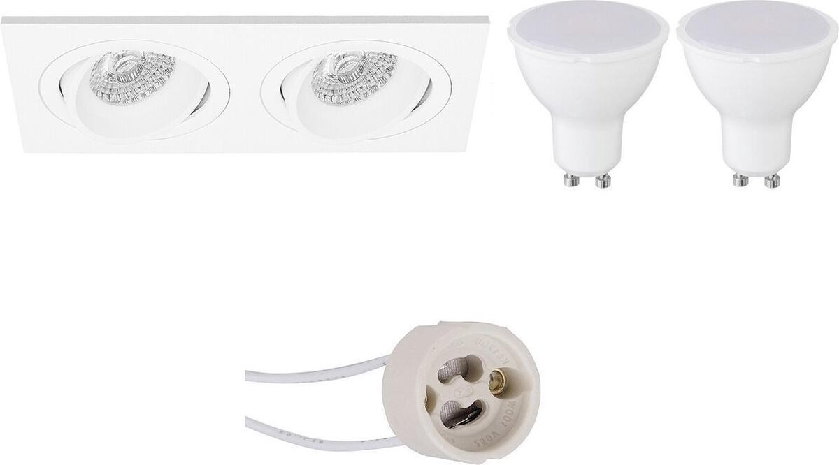 BES LED Led Spot Set - Pragmi Borny Pro - Gu10 Fitting - Inbouw Rechthoek Dubbel - Mat - 4w - Warm 3000k - Kantelbaar - - Wit