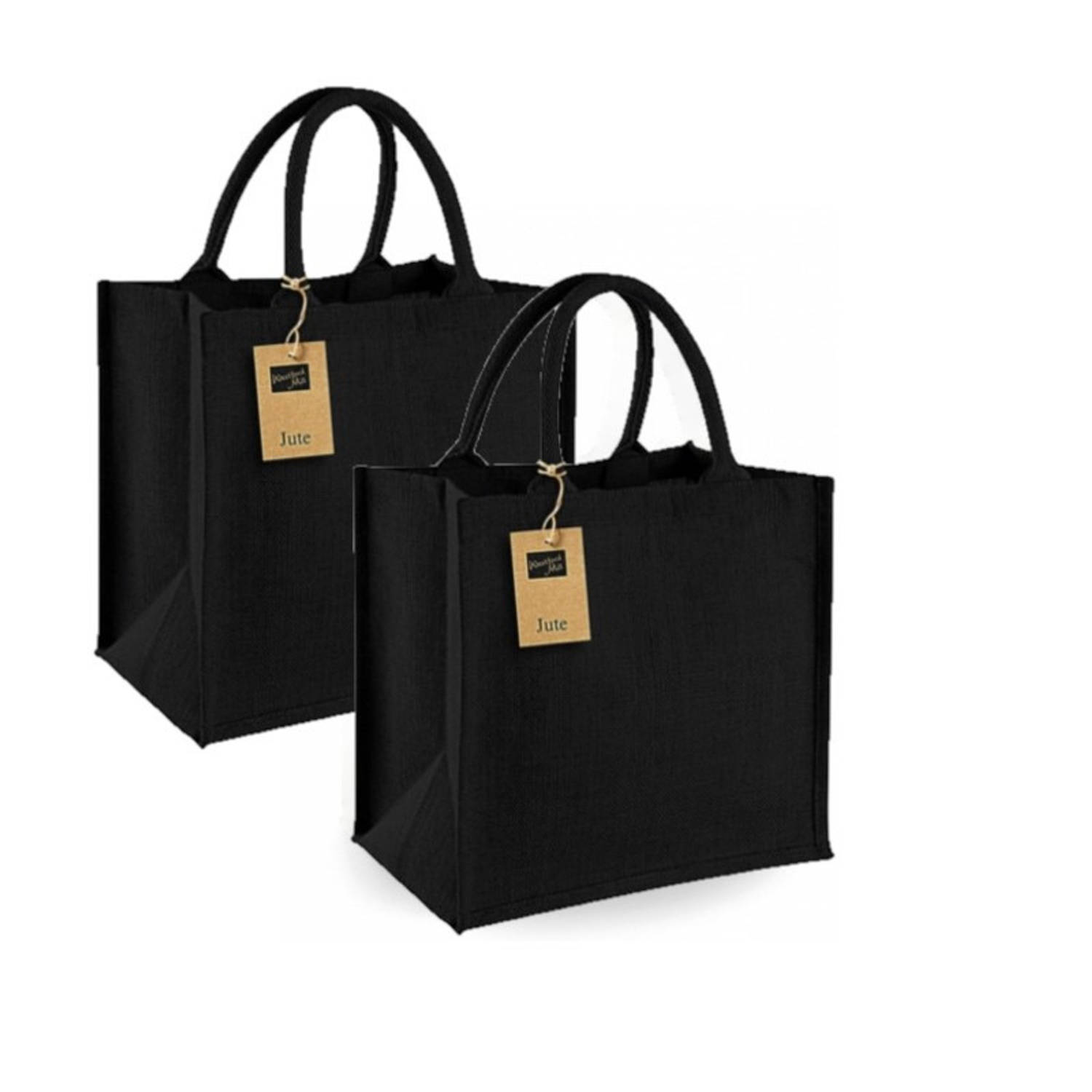 Westford Mill Set Van 2x Stuks Jute Boodschappentassen/shoppers 30 X 30 X 19 Cm -e Goodiebags 14 Liter - Zwart