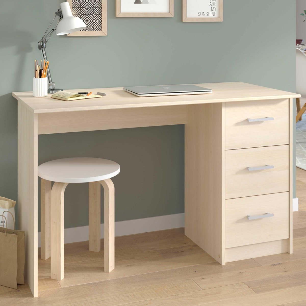 Essentielle Bureau Met 3 Lades - Licht Acacia Decor - L 121,2 X D 74,3 X H 55 Cm