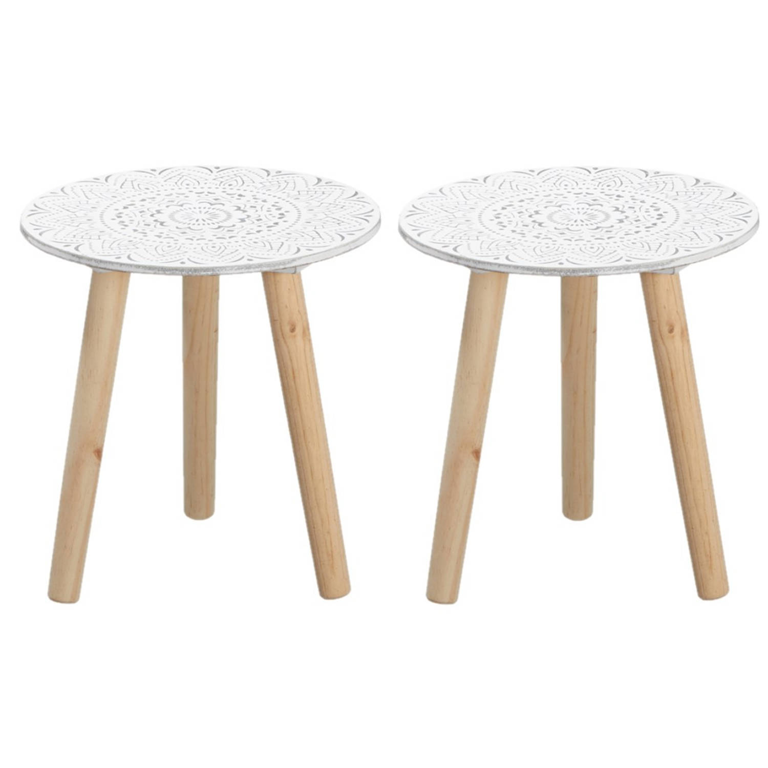 Set Van 2x Stuks Bijzettafels Rond Hout/naturel 30 X 30 Cm - Home Deco Meubels En Tafels - Wit