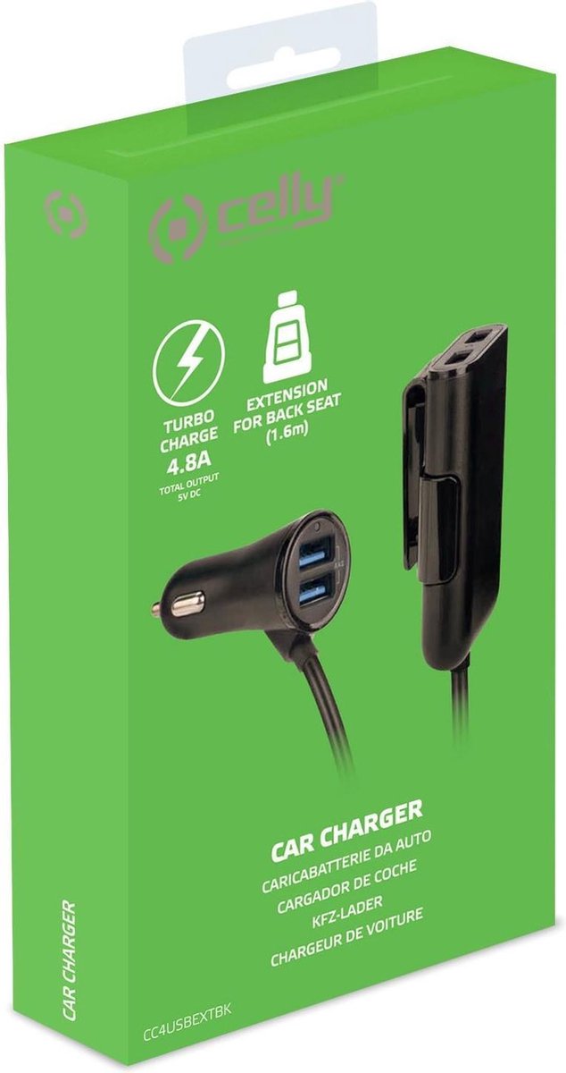 Celly Autolader Usb 4-poorts 1,6 Meter - Zwart