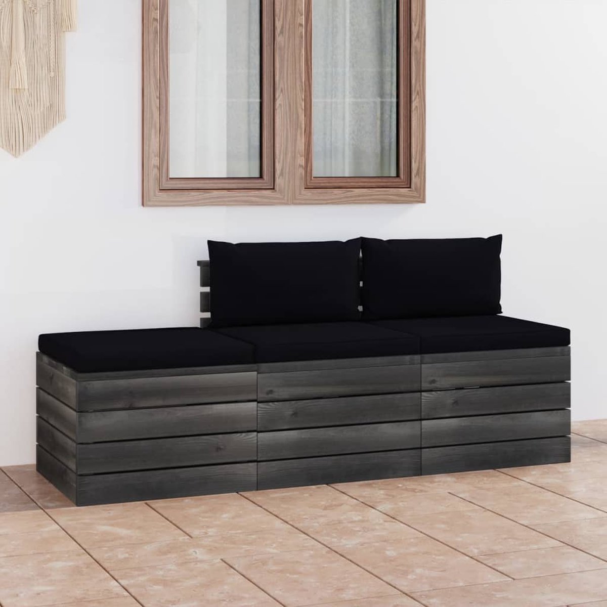 Vidaxl 3-delige Loungeset Met Kussens Pallet Massief Grenenhout - Zwart