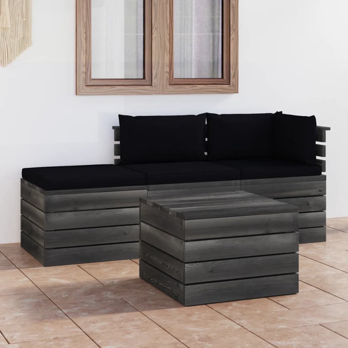 Vidaxl 4-delige Loungeset Met Kussens Pallet Massief Grenenhout - Zwart