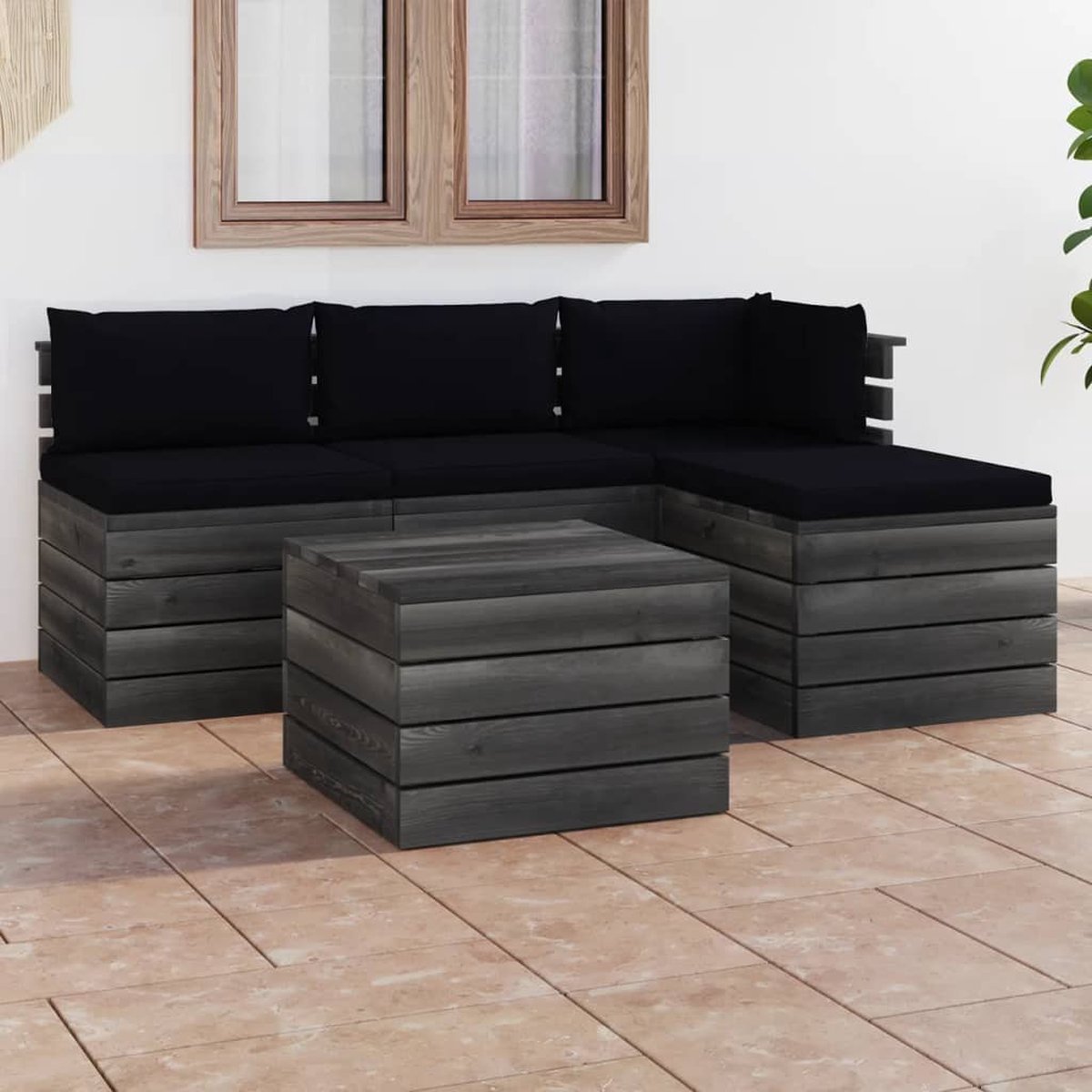 Vidaxl 5-delige Loungeset Met Kussens Pallet Massief Grenenhout - Zwart